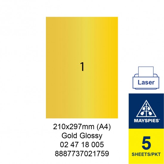 MAYSPIES 02 47 18 005 PREMIUM COLOR LASER LABEL / 5 SHEETS/PKT GOLD GLOSSY 210X297MM